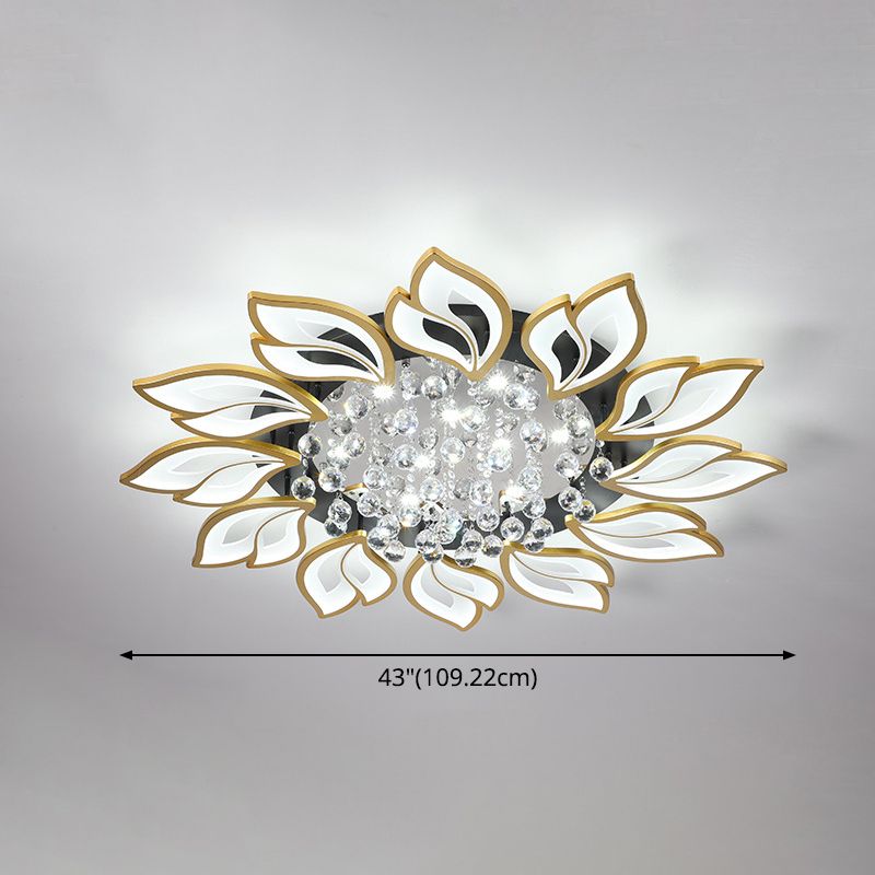 Gold Finish Flower Ceiling Lighting Contemporary LED Metal Semi Flush Mount with Crystal Ball