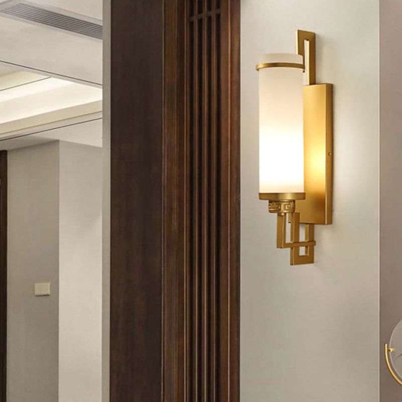 1 Light Cylinder Wall Light Fixture Modern Glass in Gold/White