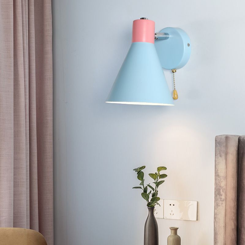 Metal Wide Flare Sconce Contemporary 1 Head Wall Mount Light Fixture in Blue with Pull Chain