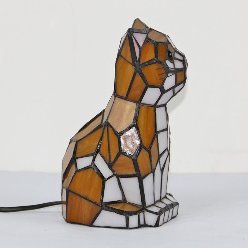 Orange Cat Shaped Table Lamp Creative Tiffany Style 1-Light Handcrafted Glass Night Light
