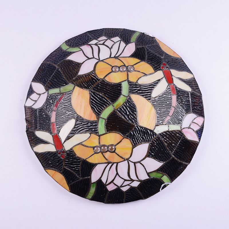 Black Bowl Shaped Ceiling Lamp Tiffany Stained Glass Flush Mount Light with Lotus and Dragonfly Pattern