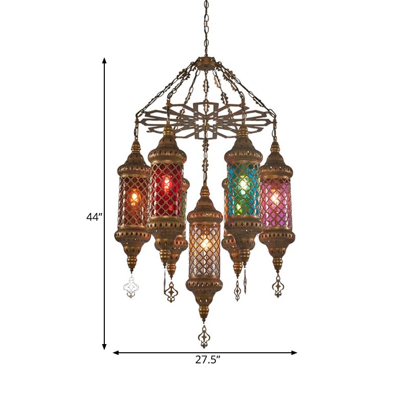 Brass Cylinder Pendant Lighting Industrial Stained Glass 7 Bulbs Restaurant Ceiling Chandelier