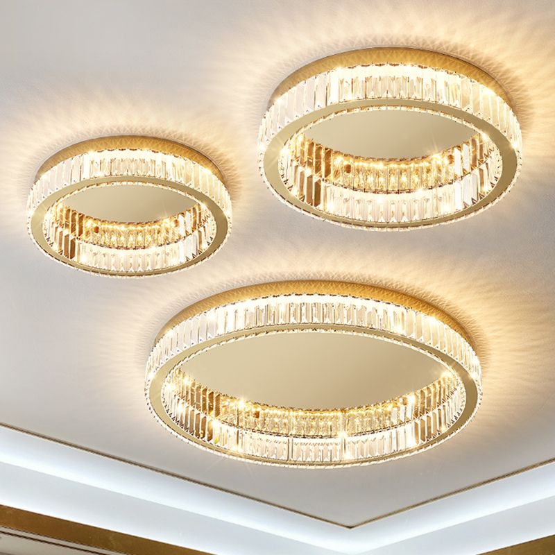 Lámpara de techo LED circular dorada de estilo moderno, montaje empotrado de acero inoxidable con pantalla de cristal