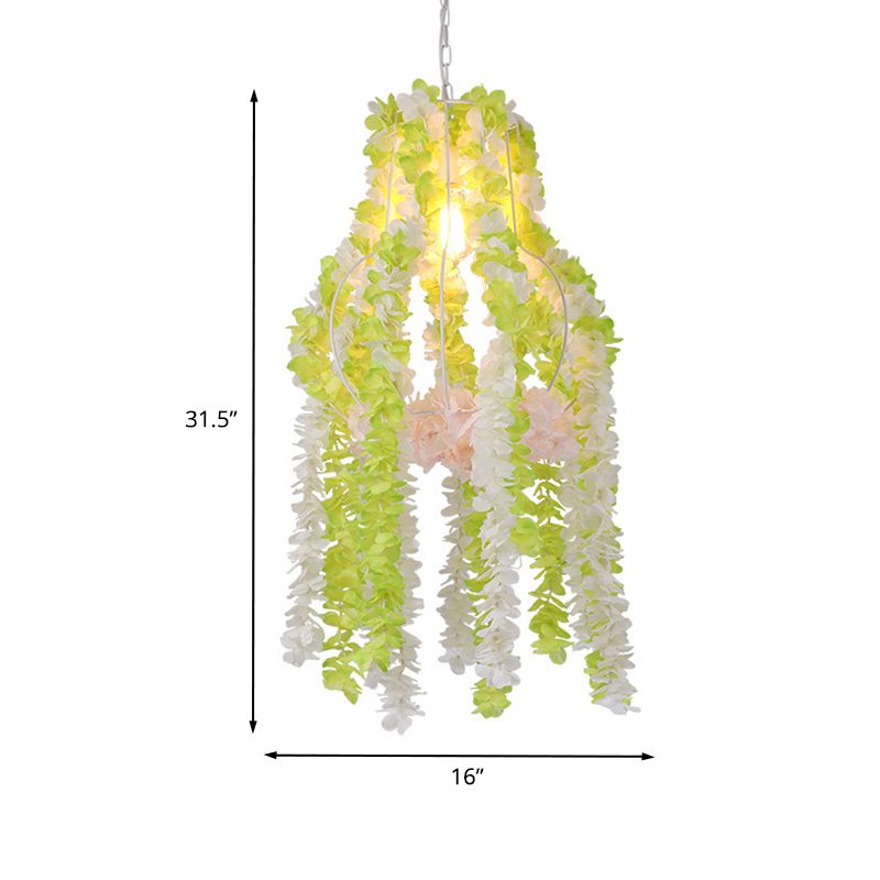 Industrial Gourd Cage Ceiling Light 1 Bulb Iron Pendant Lighting Fixture in White with Artificial Flower