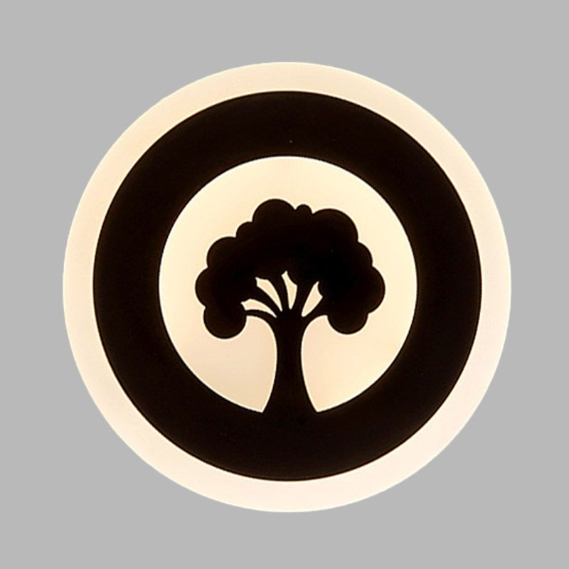 Acrylronde wandverlichting Modernisme Led Flush Wall Sconce in zwart met boompatroon, wit/warm licht