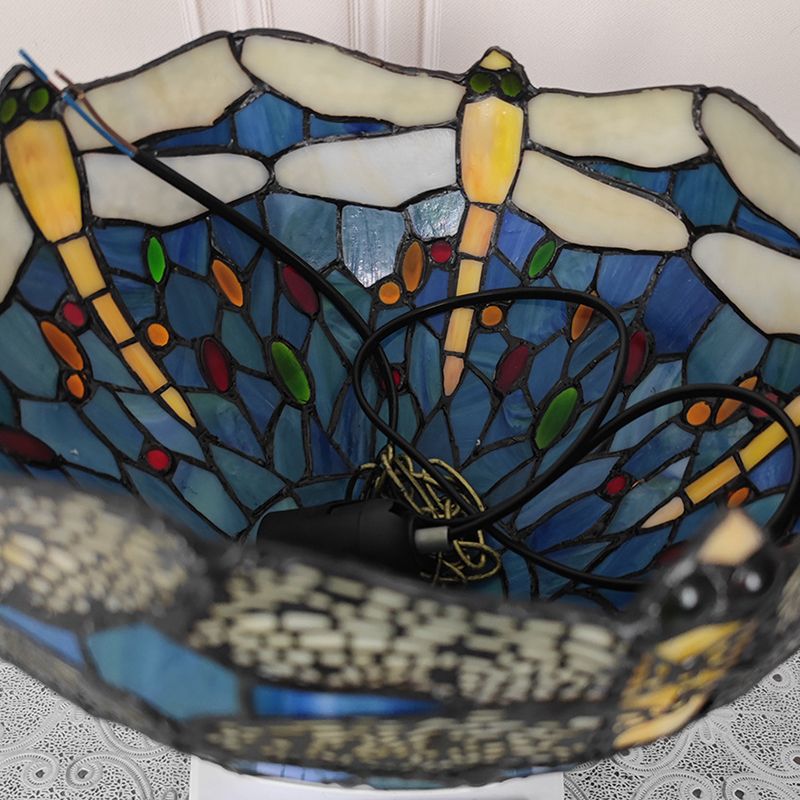 Stained Glass Domed Hanging Ceiling Light Tiffany Style Blue Pendant Lighting Fixture