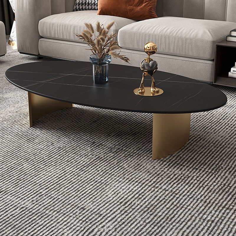 Glam Oval Stone Top Coffee Table with Steel Base Cocktail Table
