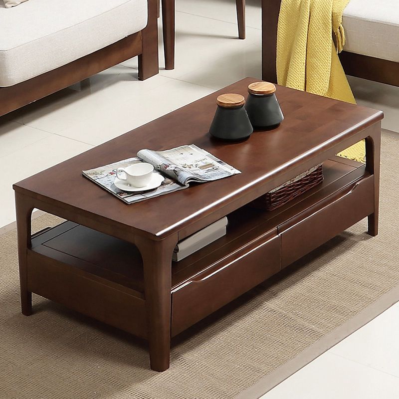 Rectangular 4 Legs Base with Drawers Solid Wood Table Nordic Style Coffee Table