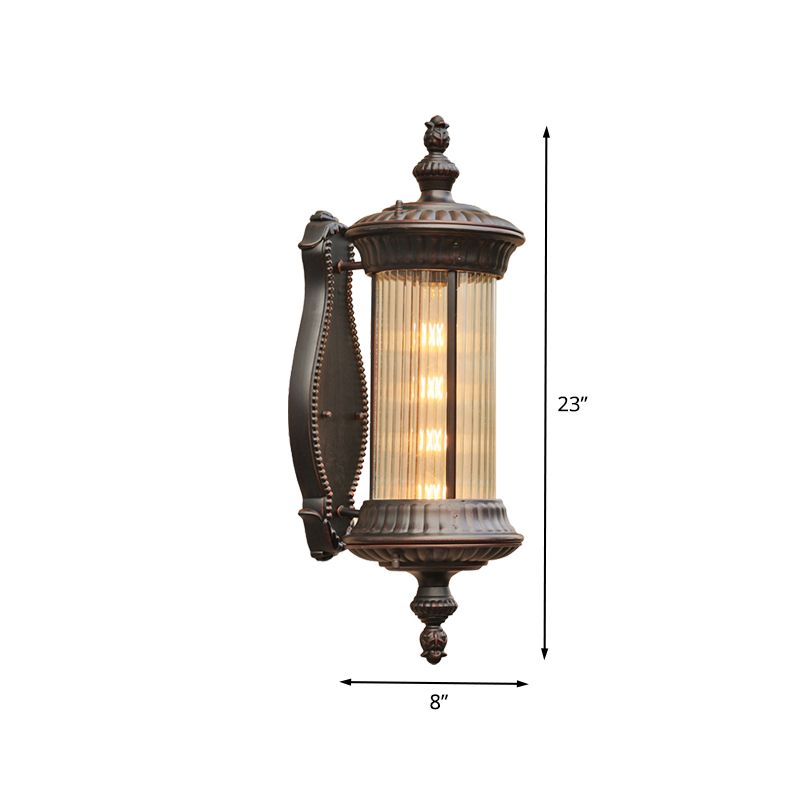 Black 1-Light Wall Sconce Lamp Country Clear Ribbed Glass Cylindrical Wall Lighting Ideas
