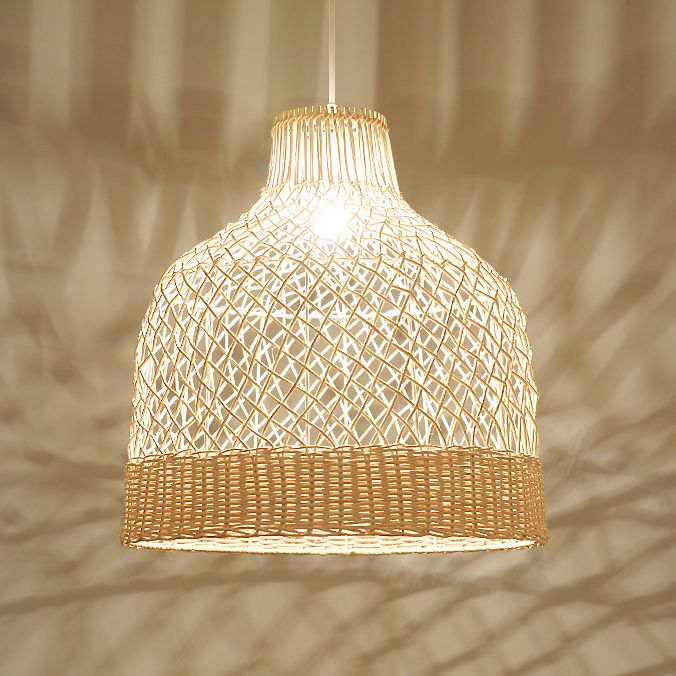Handwoven Dome Pendant Light Fixture Chinese Rattan Fiber Single Bulb Ceiling Light for Dining Table