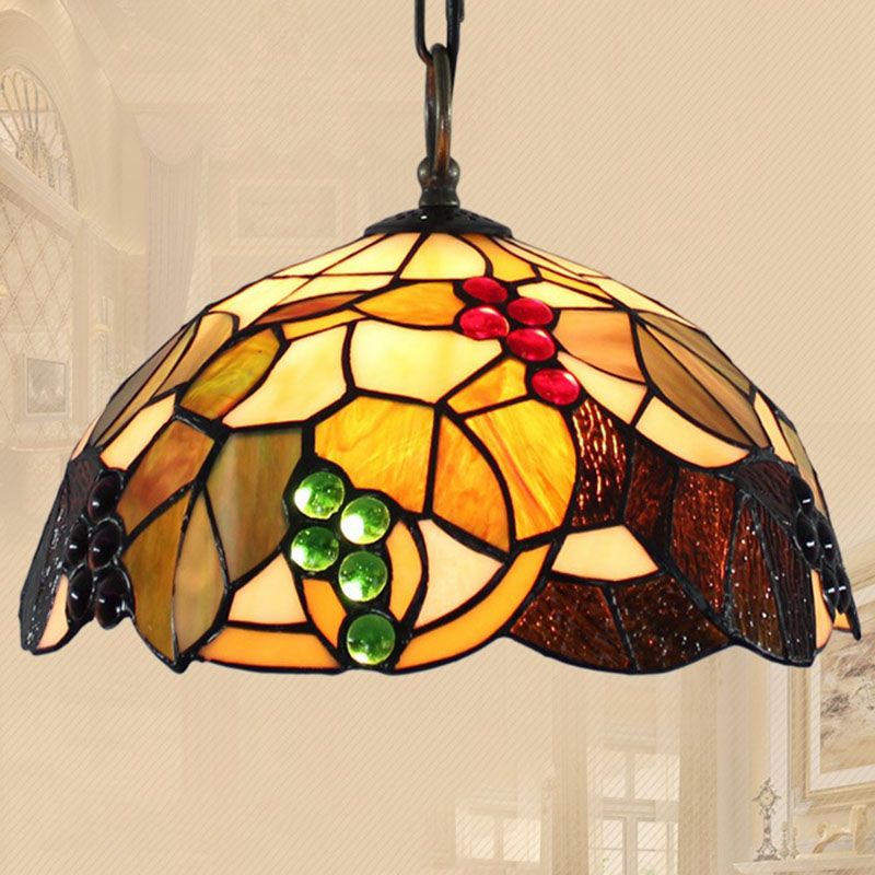 Tiffany 1-Light Pendant Lighting Grapes and Leaf Stained Glass Hanging Ceiling Light