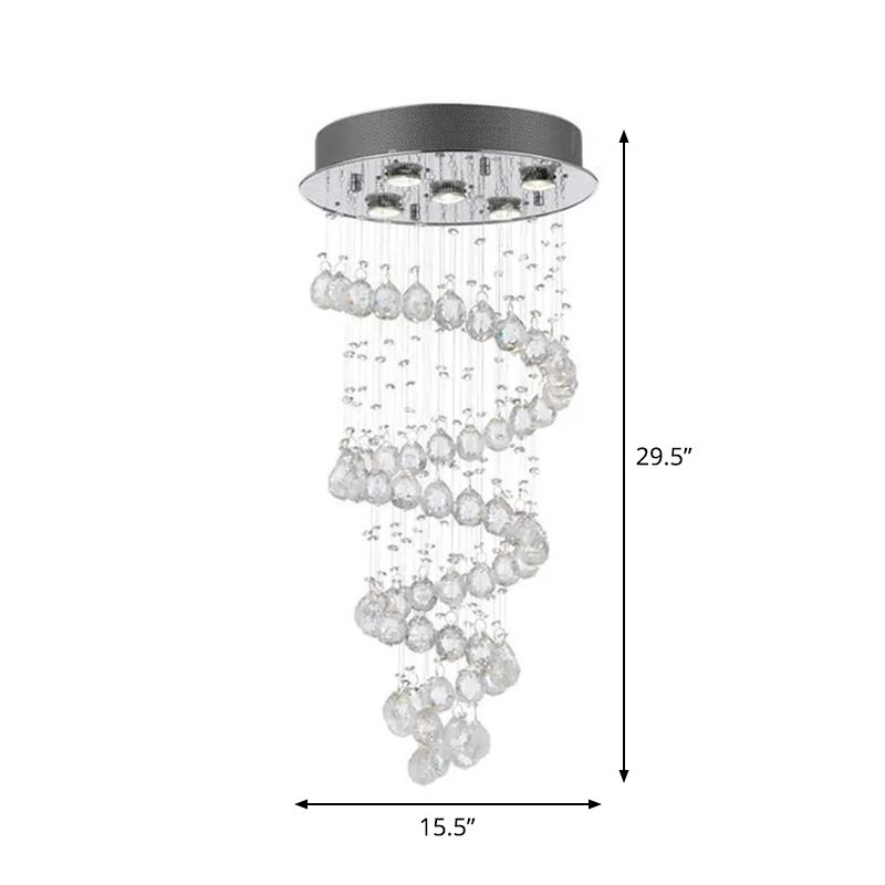 Stainless Steel 5-Light Ceiling Fixture Modern Crystal Spiral Flush Mounted Lamp for Bedroom