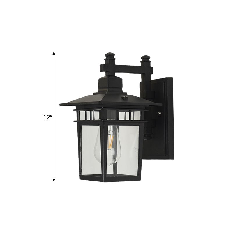 Pavilion Clear Glass Wall Lighting Industrial 1-Bulb Outdoor Wall Mounted Lamp in Black