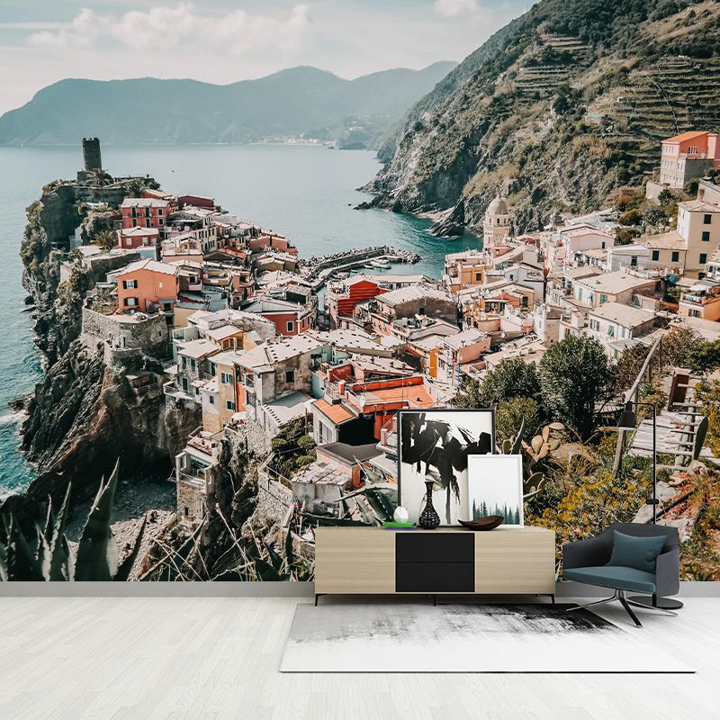 Extra Large Photography Mural with City and Sea Wallpaper Landscape for Bathroom