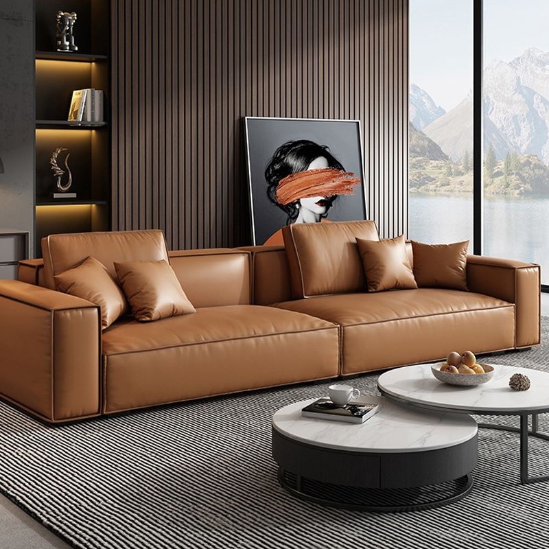 Genuine Leather Square Arm Living Room Standard Dark Brown Seating