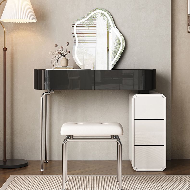 Modern Black Vanity Desk Glass Top Dressing Table with Lighted Mirror & Padded Stool