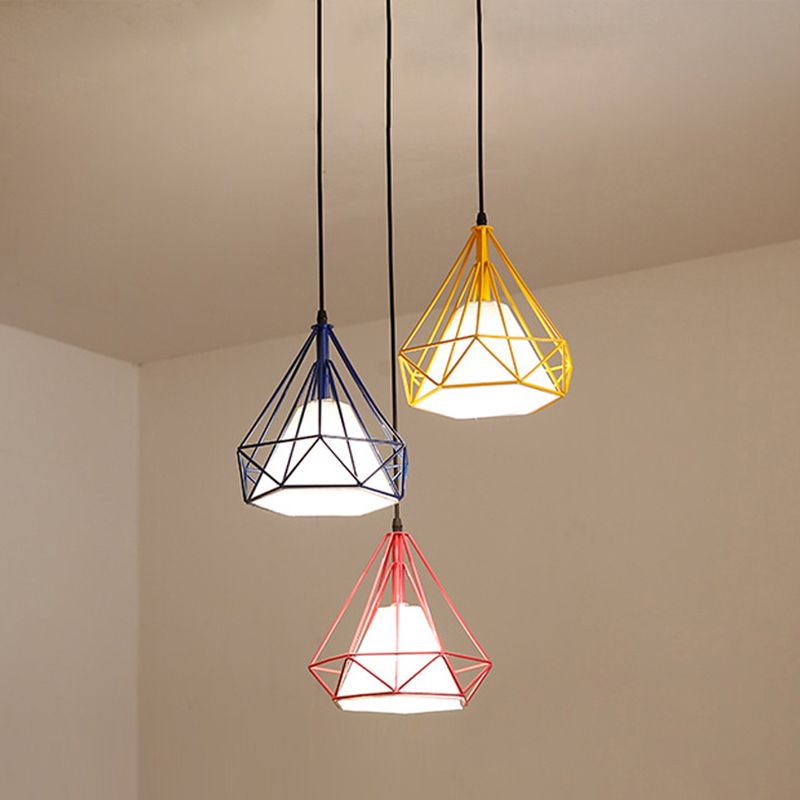 4-Color Optional Metal Cage Hanging Light Single Bulb Diamond Shaped Bedroom Lighting Fixture