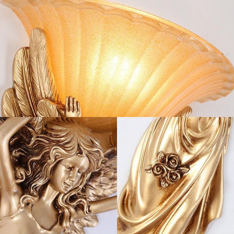1 Light Wall Lamp Vintage Flared Ribbed Glass Sconce Light with Gold/White Angel Base