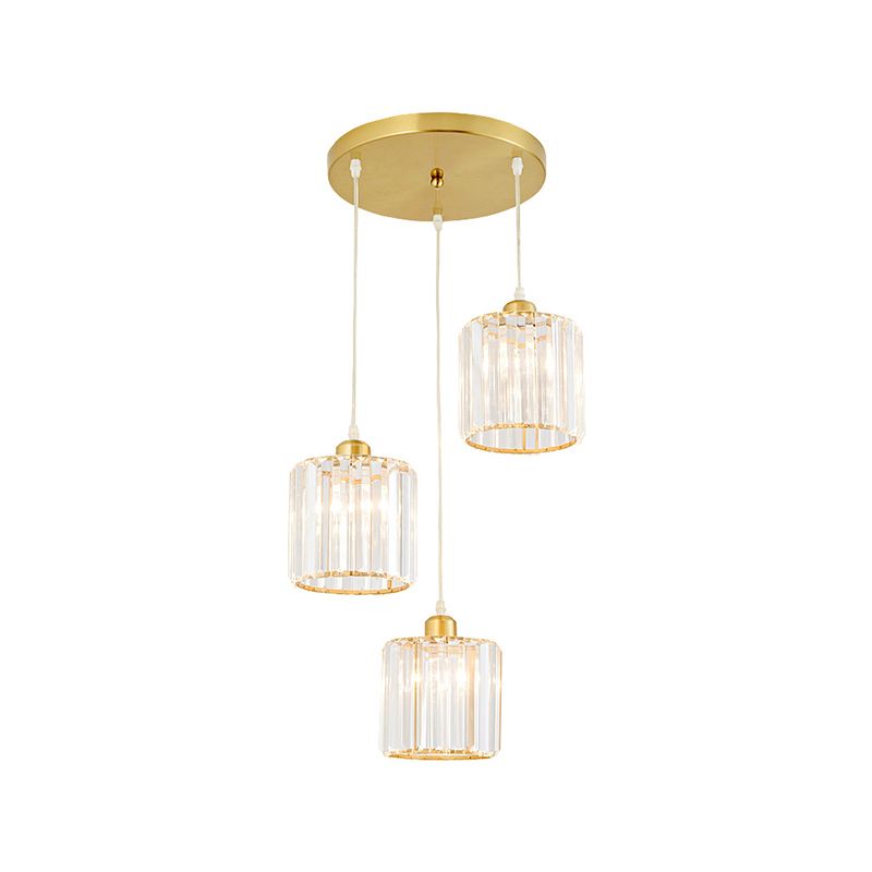 Minimalist 3-Head Cluster Pendant Cylindrical Hanging Light with Crystal Shade for Dining Room
