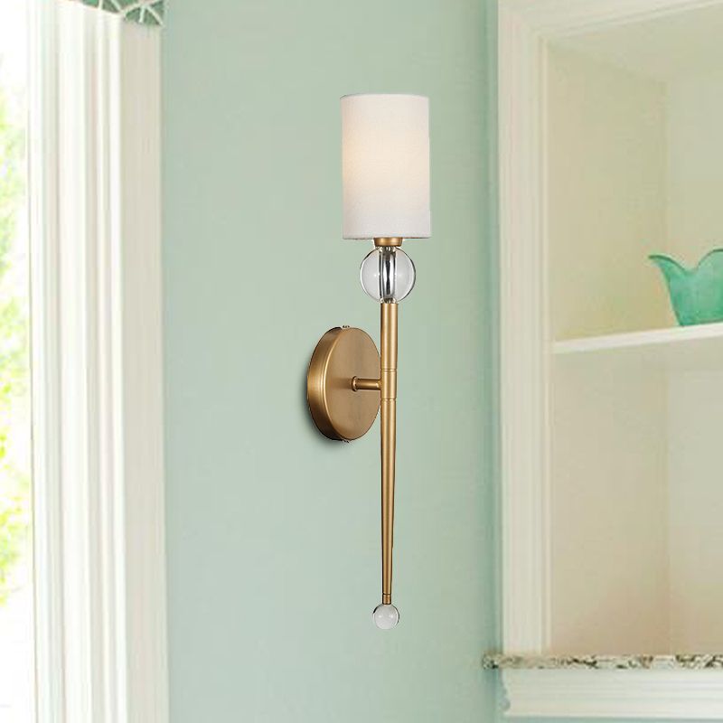 Fabric Cylindrical Wall Mount Light Modern 1 Bulb Living Room Sconce Light with Clear Crystal Accent in Gold