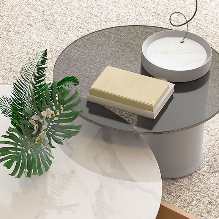 Drum Coffee Table Contemporary Stone Cocktail Table with 2 Storage Drawers