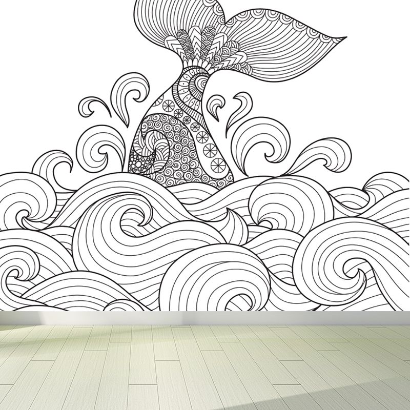 Hand-Print Fairy Tales Mural Black and White Cartoon Wall Decor for Childrens Room