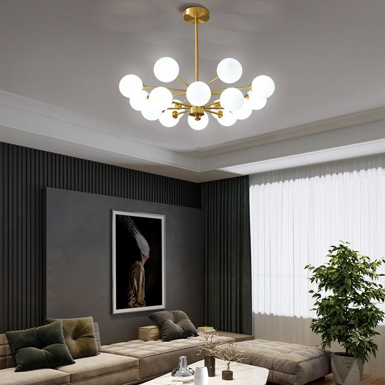 Gold Chandelier Lighting Fixtures Designer Style Multi-Head Suspension Light with White Glass Shade