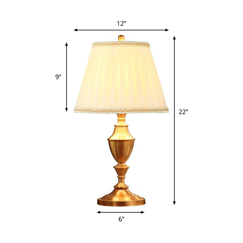 Brass 1 Head Night Table Lamp Rustic Fabric Pleated Lampshade Desk Light with Urn Base