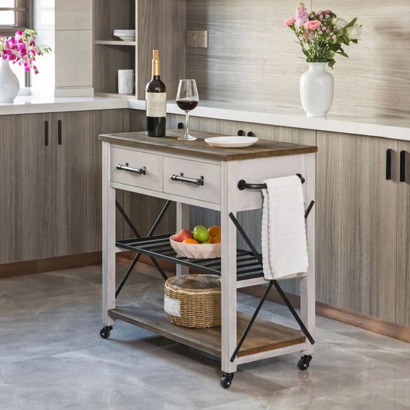 Solid Wood Kitchen Island Rolling Kitchen Trolley with Towel Rack