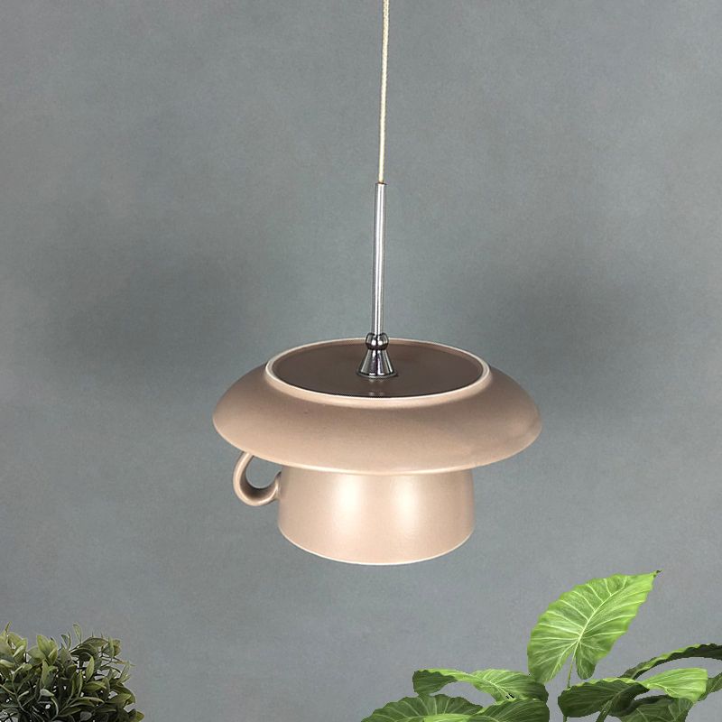1-Light Restaurant Hanging Lighting Macaron Pink/Grey/Green LED Drop Pendant Lamp with Coffee Cup Ceramics Shade