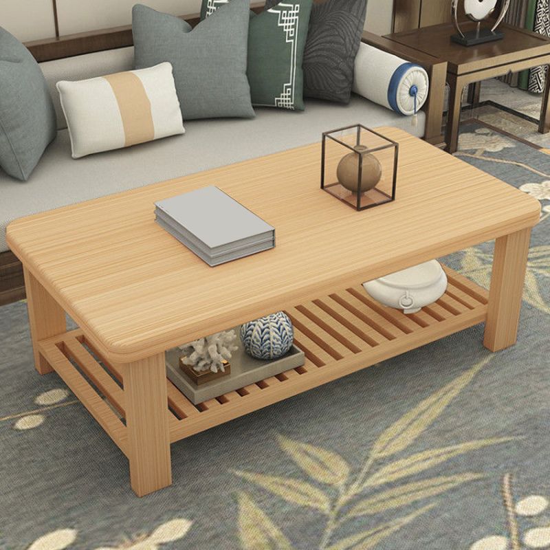 4 Legs Base Design Cocktail Table Wood/brown Pine with Storage Rack Coffee Table