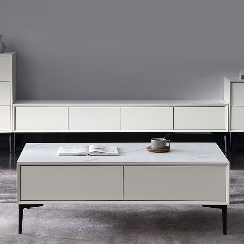 Glam Rectangle White Coffee Table with 4 Drawers and 4 Metal Legs