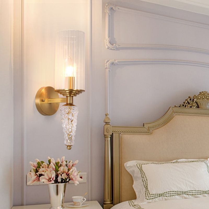 Cylindrical Clear Glass Shade Wall Mounted Lighting Vintage 1 Bulb Wall Lighting Fixture in Brass for Bedside