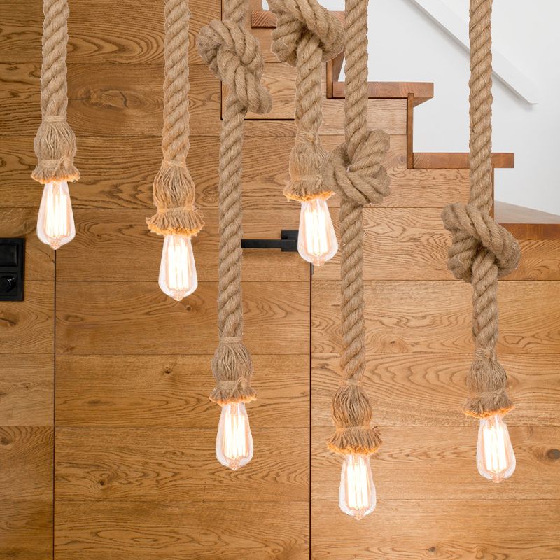 Natural Rope Beige Suspended Light with Open Bulb Country 3 Lights Balcony Pendant Lighting