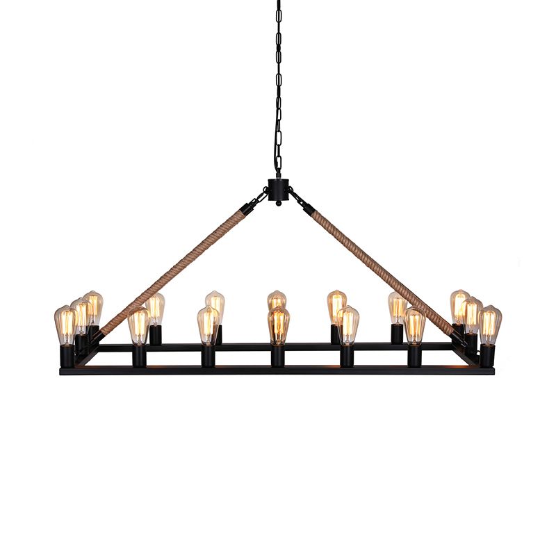 10/16 Bulbs Chandelier Lighting Loft Style Rectangular Frame Metal Pendant Lighting with Rope Detail in Black