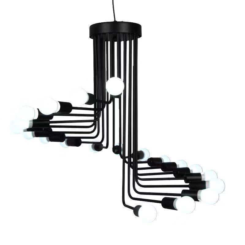 Estilo espiral Industrial Luz de araña de hierro forjado Diseño de bombilla abierta Lámpara colgante en negro