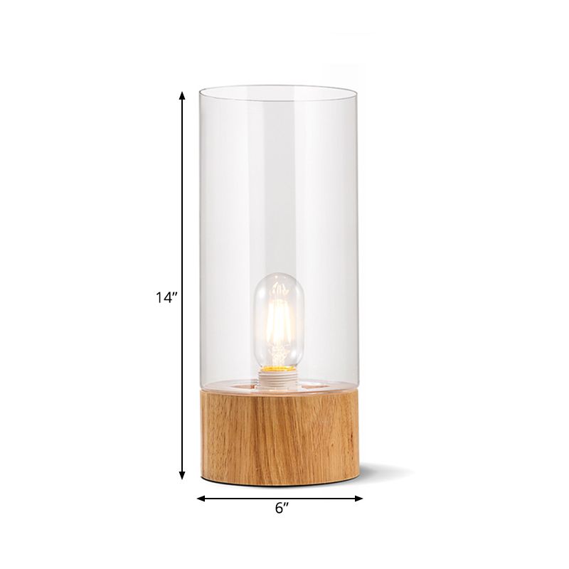 1 Cylindre de tête de nuit table de table de lampe de lampe de nuit transparente en verre clair avec base en bois