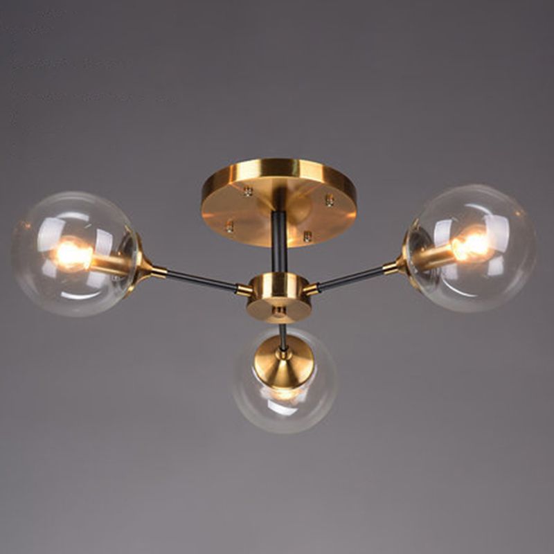 Lámpara de techo radial con acabado de latón, iluminación semimontada de metal posmoderno con pantalla de cristal esférica
