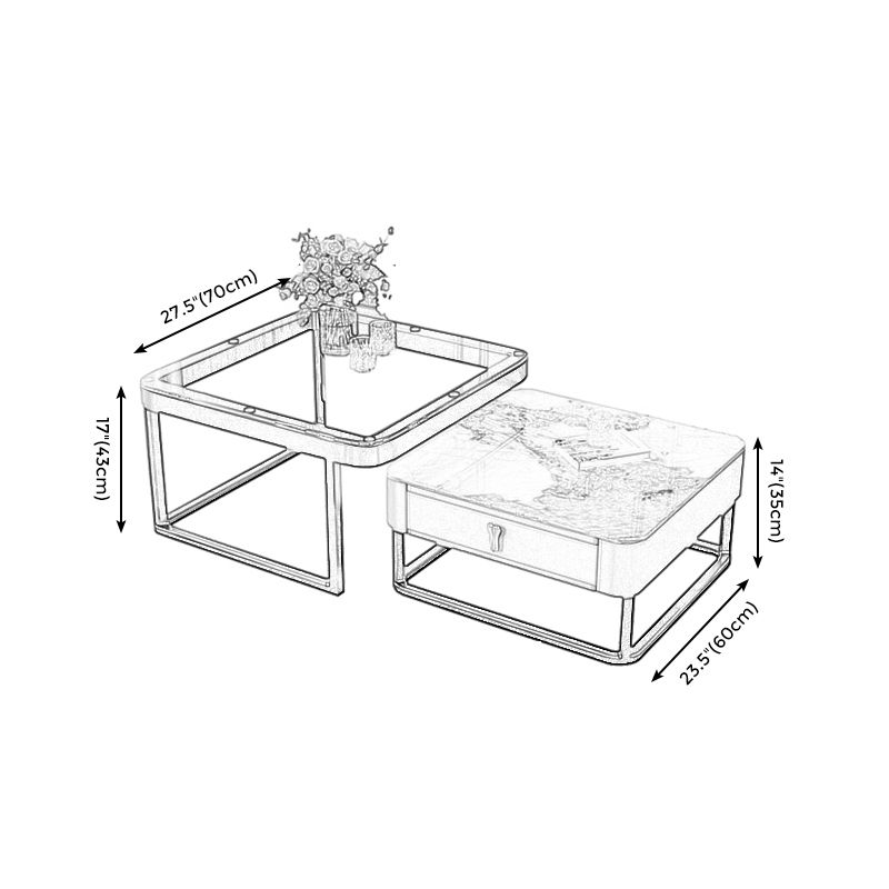 Coffee Table with a Black Frame Base Made of Glass and Rock Sheet and a Square Top