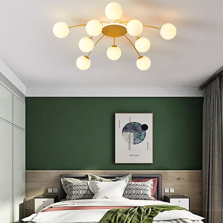 Glass Shade LED Semi Flush Mount in Modern Creative Style Sputnik Metal Ceiling Light in Gold