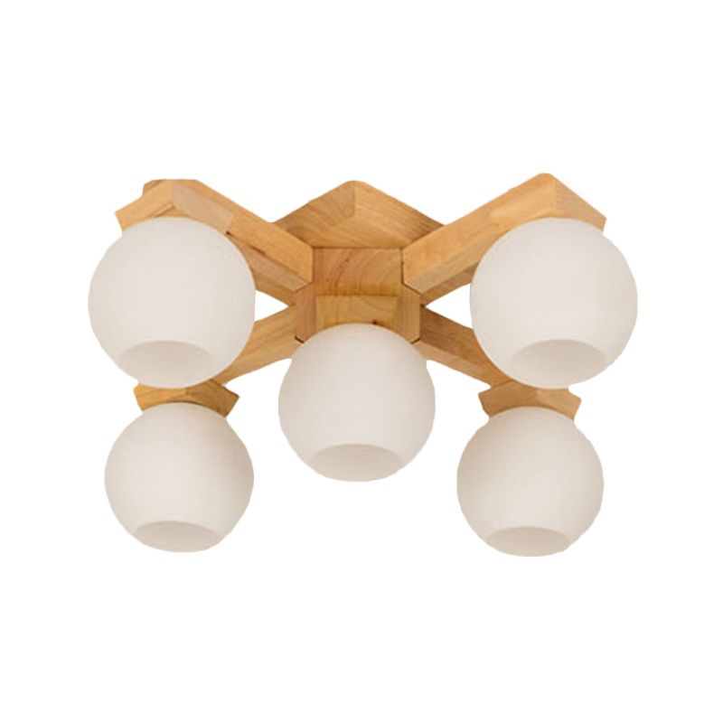 Wood Global Semi Inbouw Aziatische 5 Lampen Wit Matglas Plafondlamp