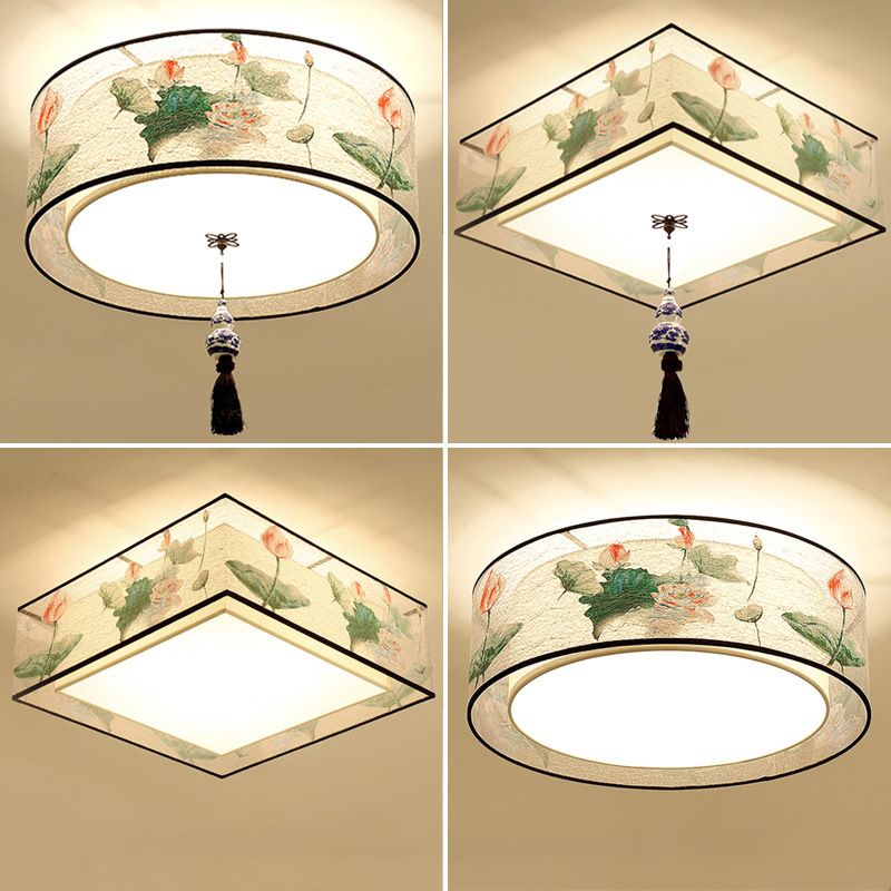 Traditional Classic Geometric Flush Mount Wrought Iron Indoor Ceiling Light with Fabric Shade