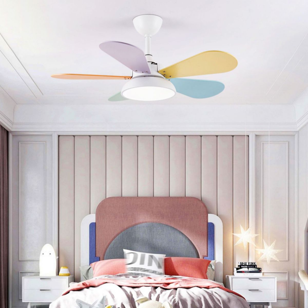 5 - Blades Kids Style Ceiling Fan Metal and Wood Fan Lighting Fixture in Grey / White