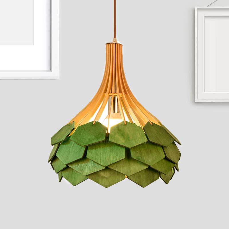 Pin Cône Hanging Lightture Modern Style Wood 1 Bulbe Red / Blue Pendant lampe pour salle à manger