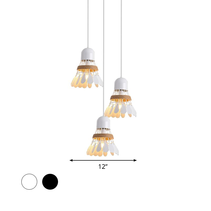Badminton Dining Room Cluster Pendant Art Deco Iron 3 Heads Black/White Drop Lamp with Rope and Round/Linear Canopy