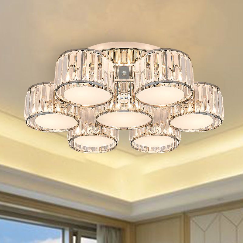 Crystal Drum Flush Mount Modernist 3/5/7 Heads Living Room Ceiling Lamp in Chrome Finish