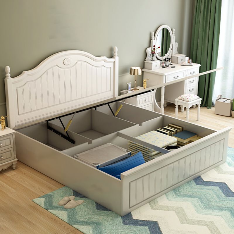 French Country Panel Bed Wood White Bed Frame with Arched Headboard