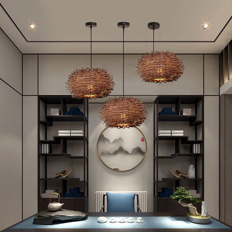 Zeitgenössischer Vogelnest Anhänger Leichtes Rattan Single-Bulb Restaurant Suspension Light in Holz