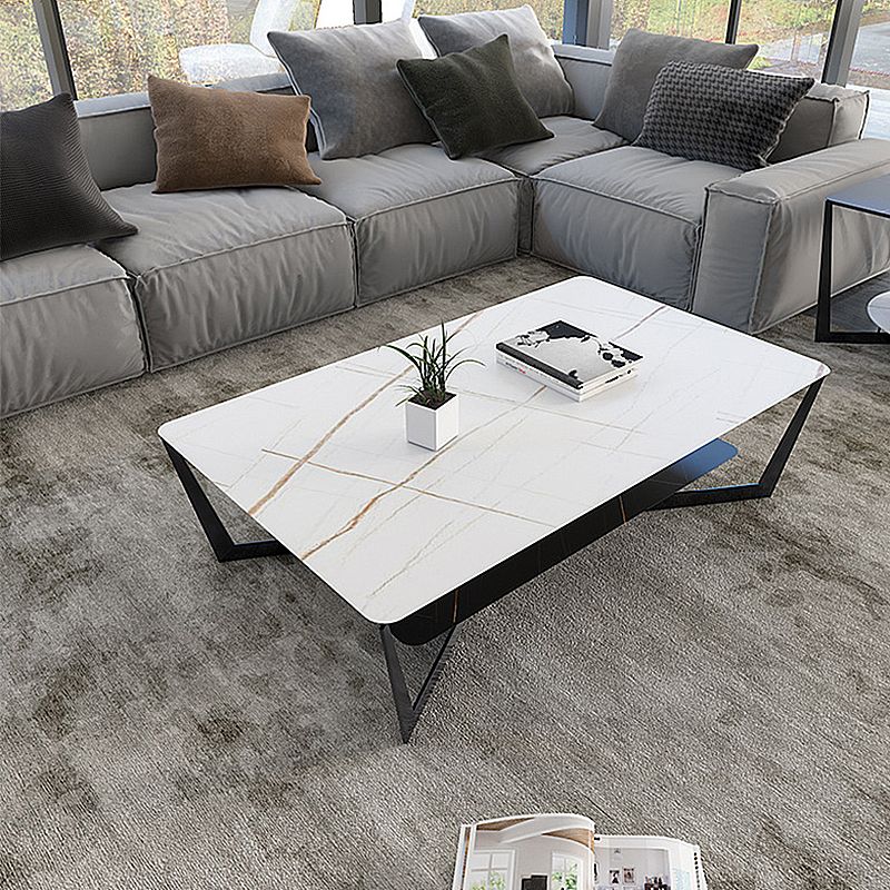 Cross Table Base Design Black Metal Base Slate Top Rectangular Coffee Table