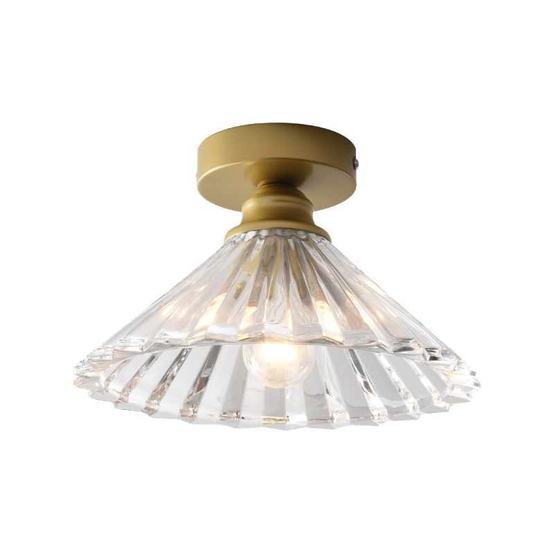 Traditional Tapered Ceiling Light Single Head Clear Ridged Glass Flush Mount Lamp in Brass